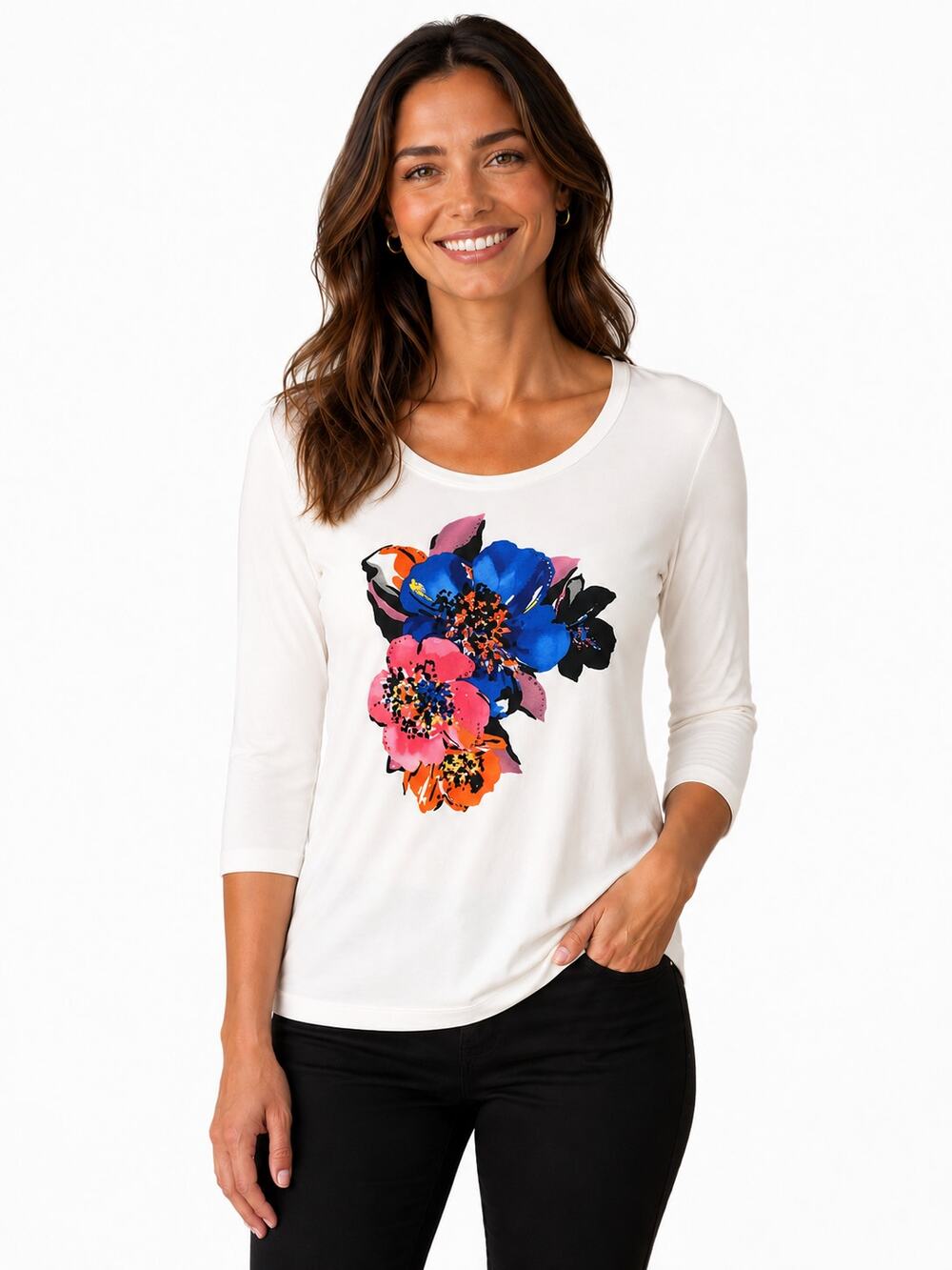 St. John White Floral Print Stretch Jersey Top with Studded Accents Size LARGE